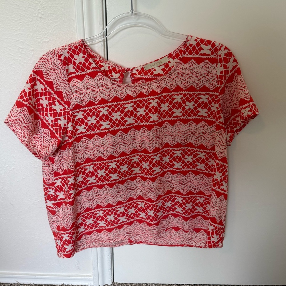 Cherish Reddish-Orange and White Geometric Crop Top